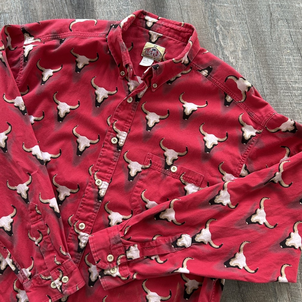 Vintage Barn Fly Western Shirt large– Red Longhorn Skull Print – Made in USA –